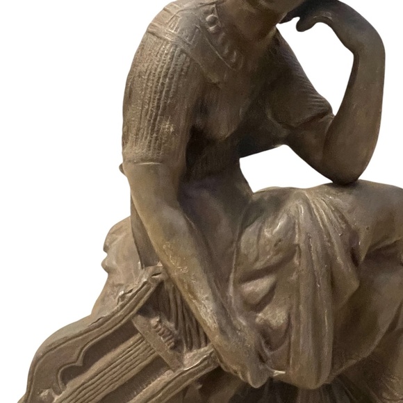 Cast Metal Art Nouveau Statue of Woman with A Lyre Metal Alloy Harp Collectible - Picture 9 of 10